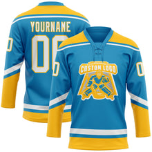 Load image into Gallery viewer, Custom Panther Blue White-Gold Hockey Lace Neck Jersey
