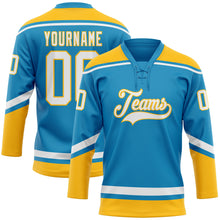 Load image into Gallery viewer, Custom Panther Blue White-Gold Hockey Lace Neck Jersey
