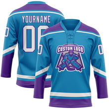 Laden Sie das Bild in den Galerie-Viewer, Custom Panther Blue White-Purple Hockey Lace Neck Jersey
