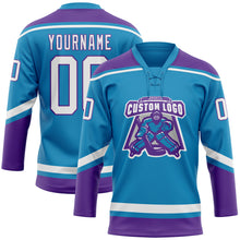 Load image into Gallery viewer, Custom Panther Blue White-Purple Hockey Lace Neck Jersey
