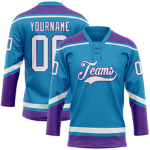 Laden Sie das Bild in den Galerie-Viewer, Custom Panther Blue White-Purple Hockey Lace Neck Jersey

