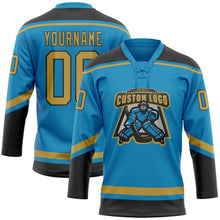 Load image into Gallery viewer, Custom Panther Blue Old Gold-Black Hockey Lace Neck Jersey
