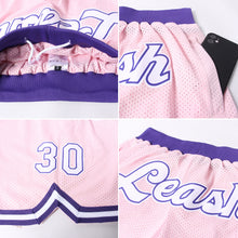 Laden Sie das Bild in den Galerie-Viewer, Custom Light Pink White-Purple Authentic Throwback Basketball Shorts
