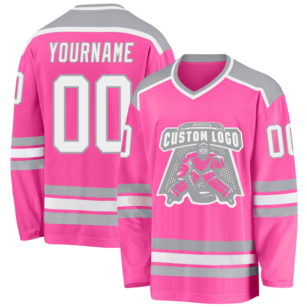 Custom Pink White-Gray Hockey Jersey