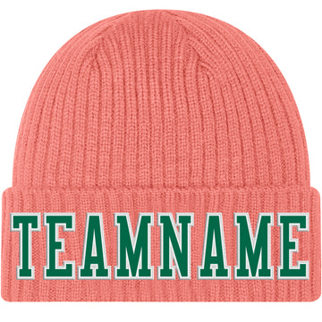 Custom Pink Kelly Green-White Stitched Cuffed Knit Hat