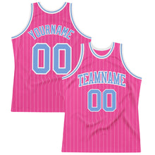 Load image into Gallery viewer, Custom Pink White Pinstripe Light Blue-White Authentic Basketball Jersey
