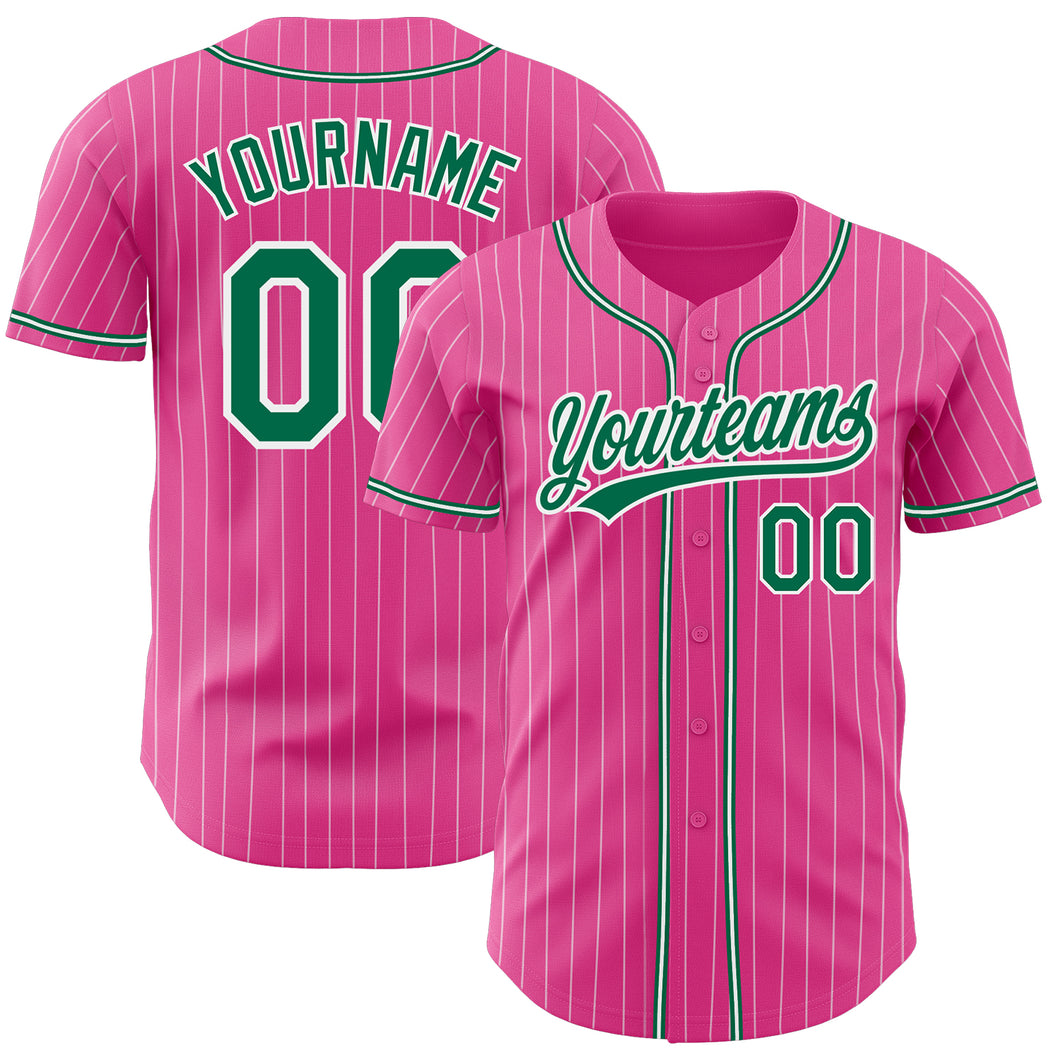 Custom Pink White Pinstripe Kelly Green Authentic Baseball Jersey