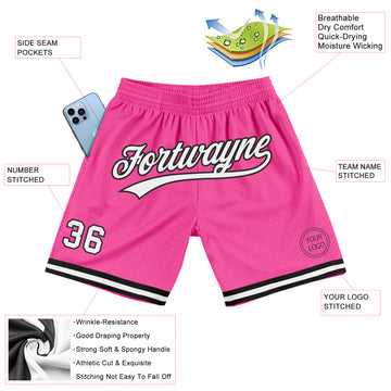 Custom Pink White-Black Authentic Throwback Basketball Shorts