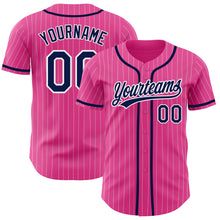 Laden Sie das Bild in den Galerie-Viewer, Custom Pink White Pinstripe Navy Authentic Baseball Jersey
