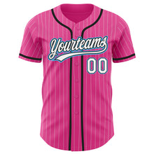 Laden Sie das Bild in den Galerie-Viewer, Custom Pink White Pinstripe Sky Blue Authentic Baseball Jersey
