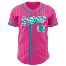 Laden Sie das Bild in den Galerie-Viewer, Custom Pink White Pinstripe Teal Authentic Baseball Jersey
