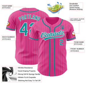 Custom Pink White Pinstripe Teal Authentic Baseball Jersey