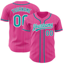 Laden Sie das Bild in den Galerie-Viewer, Custom Pink White Pinstripe Teal Authentic Baseball Jersey
