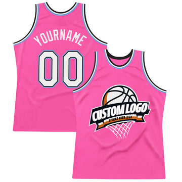 Custom Pink White Black-Light Blue Authentic Throwback Basketball Jersey