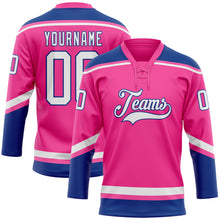 Laden Sie das Bild in den Galerie-Viewer, Custom Pink White-Royal Hockey Lace Neck Jersey
