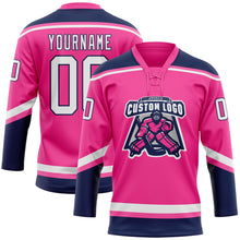 Laden Sie das Bild in den Galerie-Viewer, Custom Pink White-Navy Hockey Lace Neck Jersey
