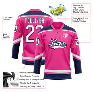 Custom Pink White-Navy Hockey Lace Neck Jersey