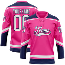Laden Sie das Bild in den Galerie-Viewer, Custom Pink White-Navy Hockey Lace Neck Jersey
