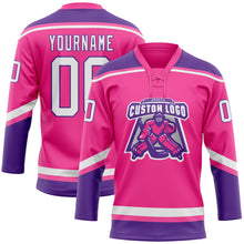 Laden Sie das Bild in den Galerie-Viewer, Custom Pink White-Purple Hockey Lace Neck Jersey
