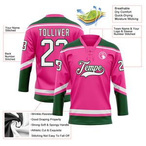 Custom Pink White-Green Hockey Lace Neck Jersey