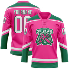 Laden Sie das Bild in den Galerie-Viewer, Custom Pink White-Kelly Green Hockey Lace Neck Jersey
