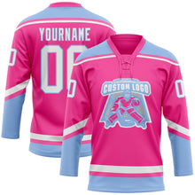 Laden Sie das Bild in den Galerie-Viewer, Custom Pink White-Light Blue Hockey Lace Neck Jersey
