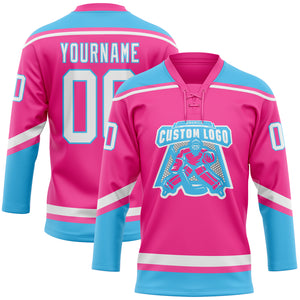 Custom Pink White-Sky Blue Hockey Lace Neck Jersey