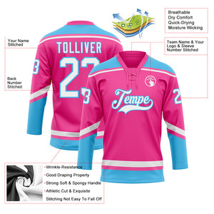 Custom Pink White-Sky Blue Hockey Lace Neck Jersey