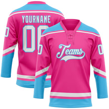 Laden Sie das Bild in den Galerie-Viewer, Custom Pink White-Sky Blue Hockey Lace Neck Jersey
