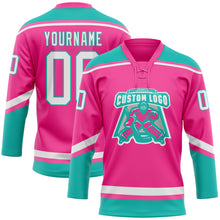 Laden Sie das Bild in den Galerie-Viewer, Custom Pink White-Aqua Hockey Lace Neck Jersey
