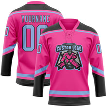 Laden Sie das Bild in den Galerie-Viewer, Custom Pink Light Blue-Black Hockey Lace Neck Jersey
