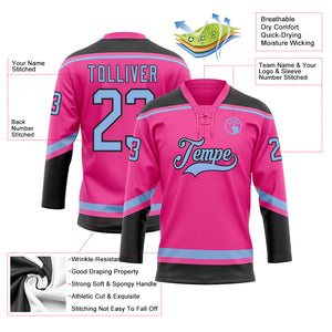 Custom Pink Light Blue-Black Hockey Lace Neck Jersey