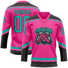 Laden Sie das Bild in den Galerie-Viewer, Custom Pink Aqua-Black Hockey Lace Neck Jersey
