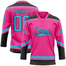 Laden Sie das Bild in den Galerie-Viewer, Custom Pink Sky Blue-Black Hockey Lace Neck Jersey
