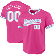 Laden Sie das Bild in den Galerie-Viewer, Custom Pink White-Light Blue Authentic Throwback Baseball Jersey
