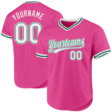 Custom Pink White-Kelly Green Authentic Throwback Baseball Jersey