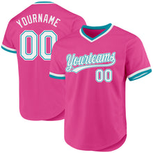 Laden Sie das Bild in den Galerie-Viewer, Custom Pink White-Teal Authentic Throwback Baseball Jersey
