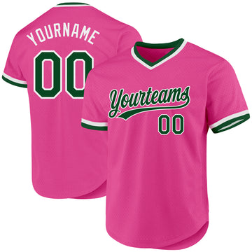 Custom Pink Green-White Authentic Throwback Baseball Jersey