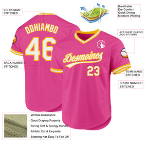 Custom Pink White-Gold Authentic Throwback Baseball Jersey