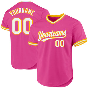 Custom Pink White-Gold Authentic Throwback Baseball Jersey