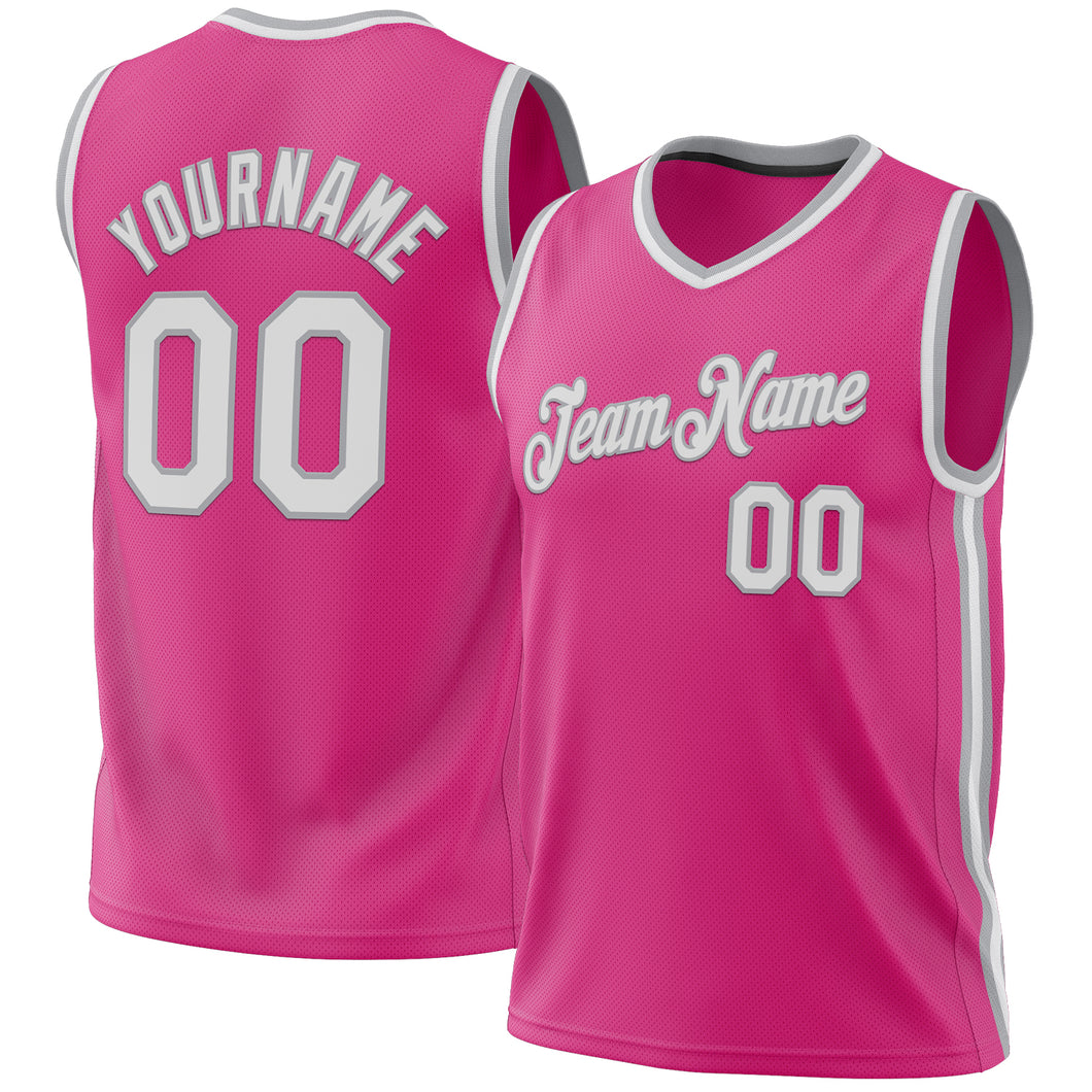 Custom Pink White-Gray Authentic Throwback Basketball Jersey