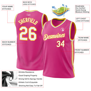 Custom Pink White-Gold Authentic Throwback Basketball Jersey