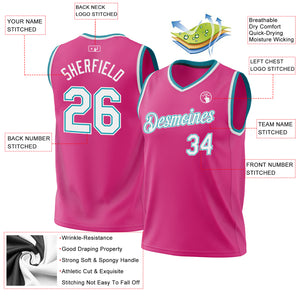 Custom Pink White-Teal Authentic Throwback Basketball Jersey