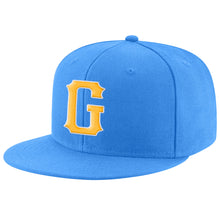 Laden Sie das Bild in den Galerie-Viewer, Custom Powder Blue Gold-White Stitched Adjustable Snapback Hat
