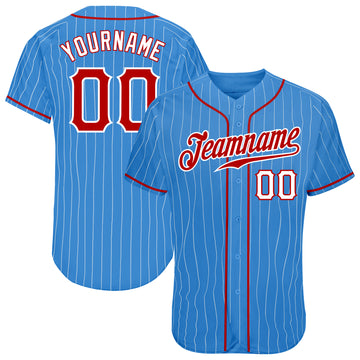 Custom Powder Blue White Pinstripe Red-White Authentic Baseball Jersey