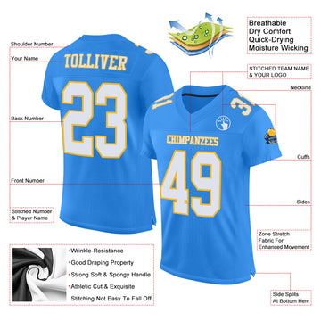 Custom Powder Blue White-Gold Mesh Authentic Football Jersey