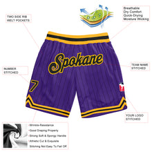 Laden Sie das Bild in den Galerie-Viewer, Custom Purple Black Pinstripe Black-Gold Authentic Basketball Shorts
