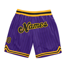 Laden Sie das Bild in den Galerie-Viewer, Custom Purple Black Pinstripe Black-Gold Authentic Basketball Shorts
