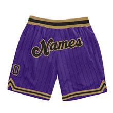 Load image into Gallery viewer, Custom Purple Black Pinstripe Black-Old Gold Authentic Basketball Shorts
