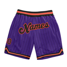 Load image into Gallery viewer, Custom Purple Black Pinstripe Black-Orange Authentic Basketball Shorts
